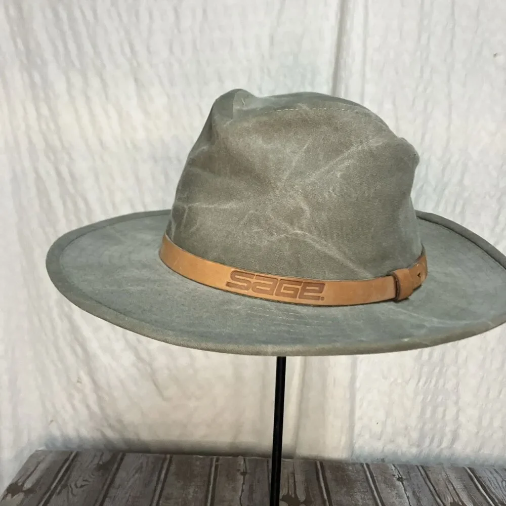 VTG SAGE Oilskin (waxed Cotton) Outback Safari Hat USA Leather Band L - Picture 1 of 11